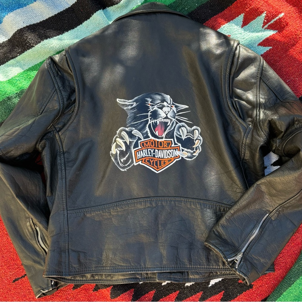 Vintage Hand-Painted Harley Davidson Panther Biker Leather Jacket Unisex Size 46